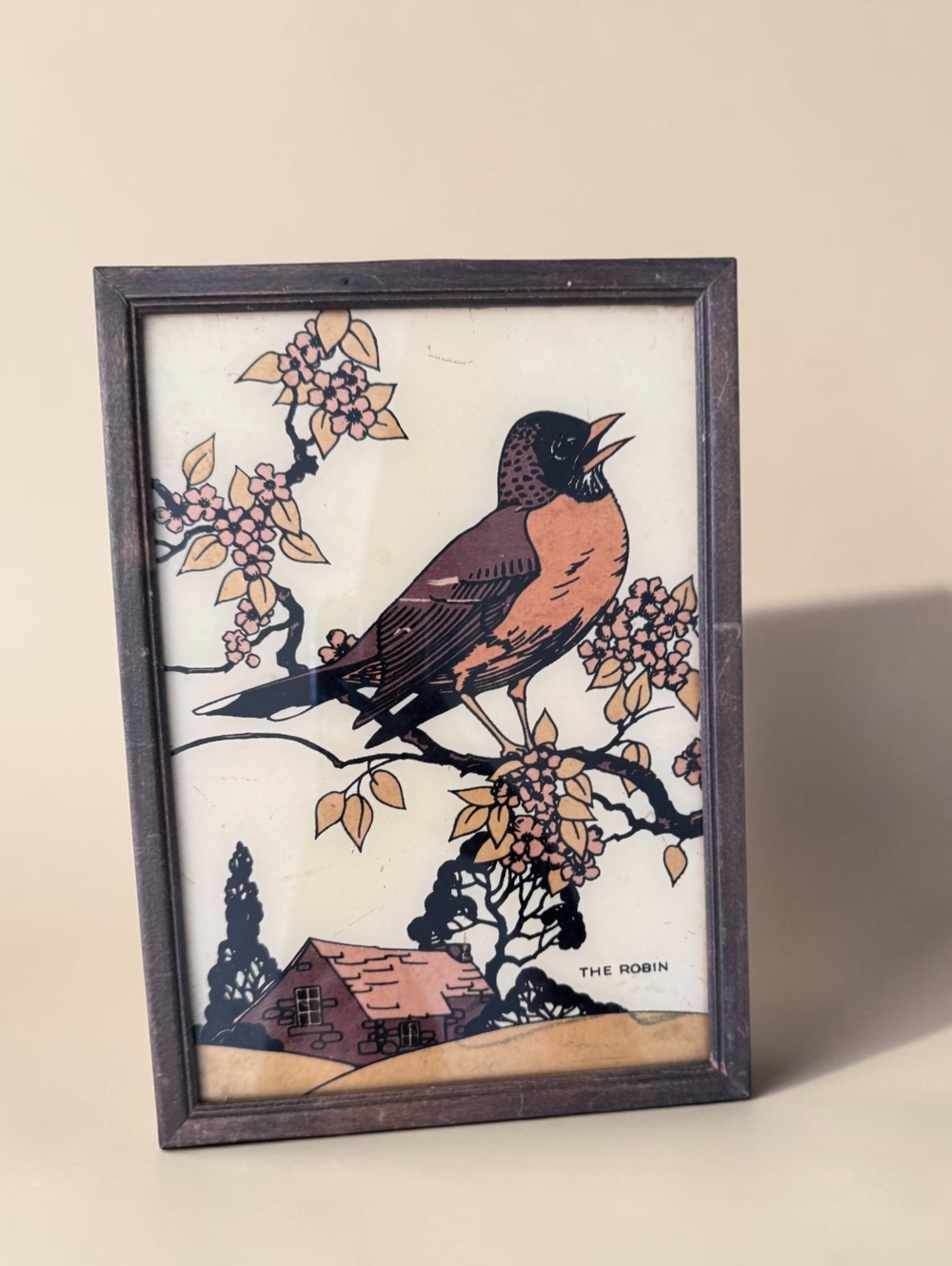Vintage Robin Bird Art on Glass Framed Cottage Floral Reverse Glass Wall Decor